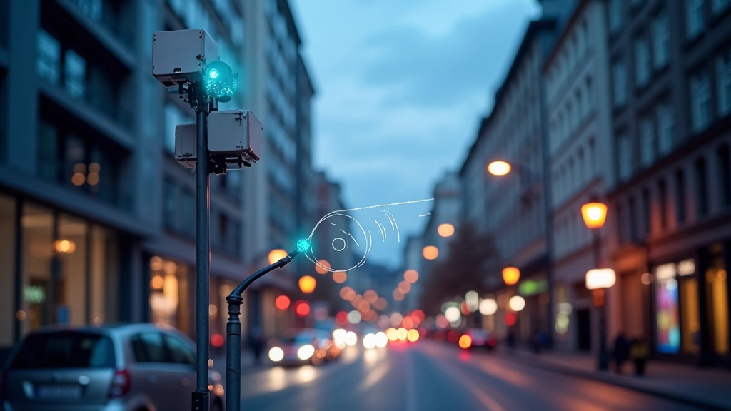 IoT sensoru tīkls pilsētas ielas vidū ar bezvadu signāla vizualizāciju