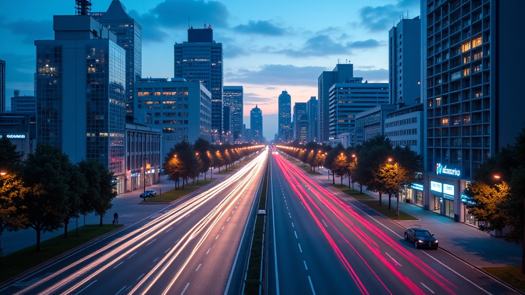 Moderni pilsētas skyline ar IoT sensoru tīkliem un viedajām transporta sistēmām